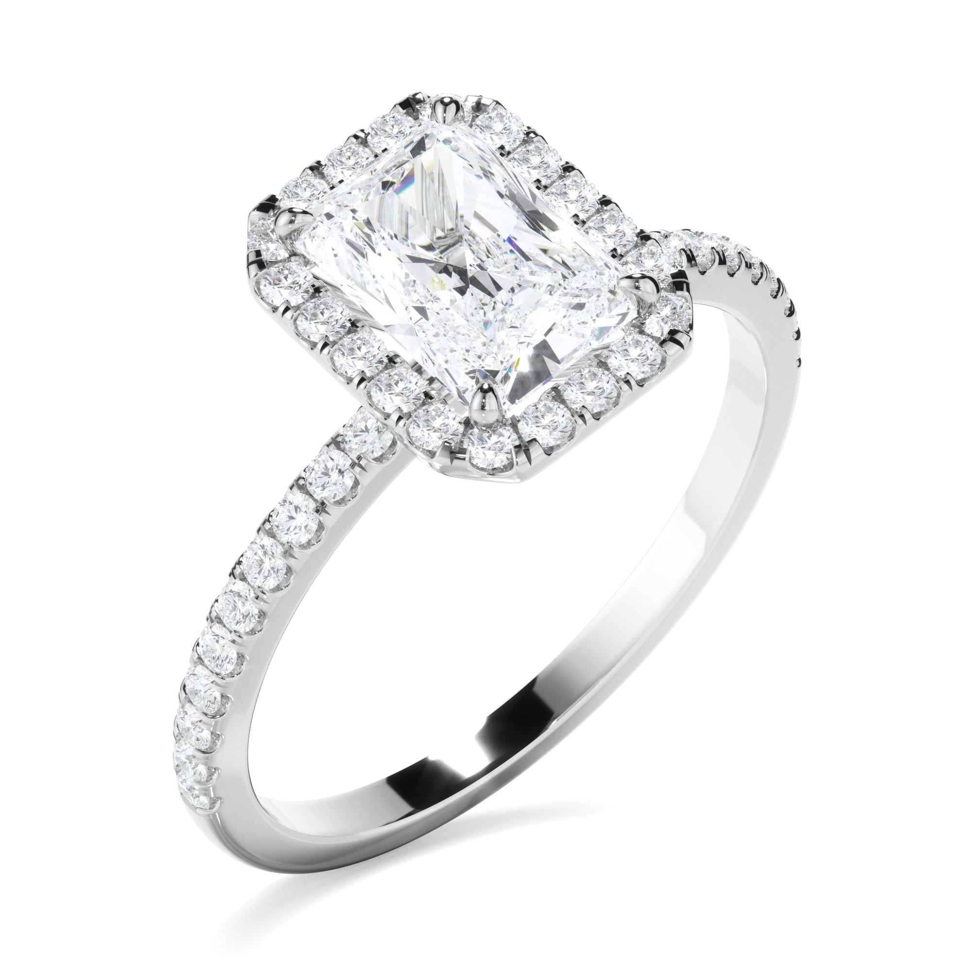 Radiant Cut Diamond Halo Engagement Ring With Pave Band